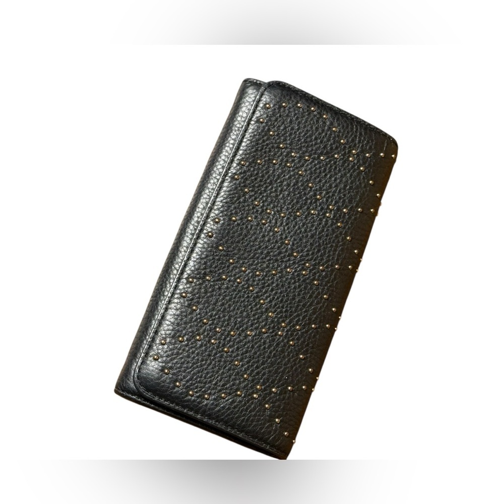 Vera Bradley Black Pebbledโ Leather Studded Wallet Leopard Print Interior 4โx7โ